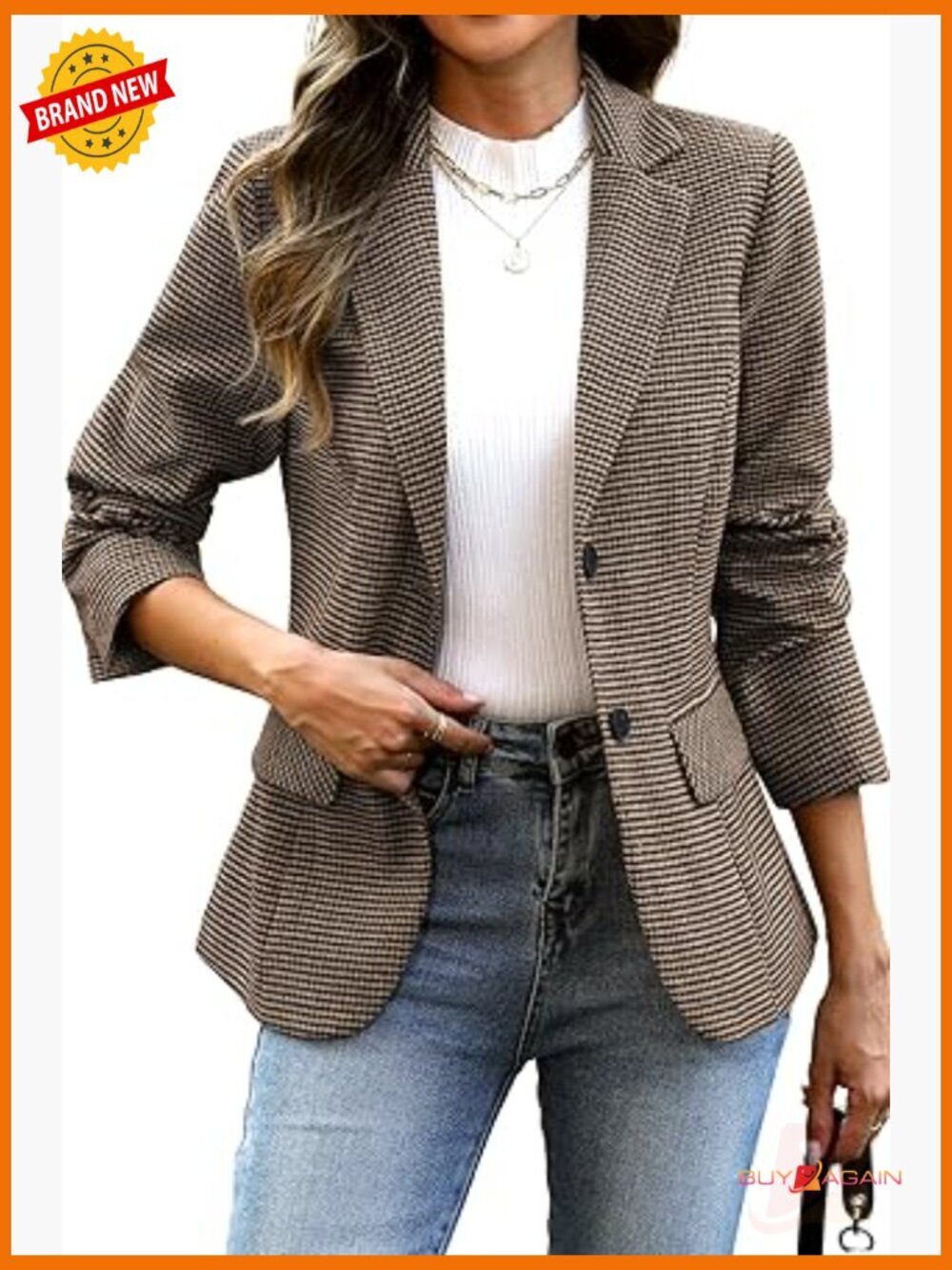 Women's Plaid Houndstooth Blazer Notch Lapel Long Sleeve Button Blazer Jacket